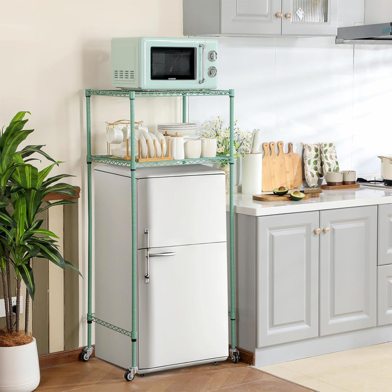 2-Tier Adjustable Metal Storage Shelf With Wheels For Mini Fridge And Microwave, Durable Space-Saving Rack For Dorm, Kitchen, And Small Spaces