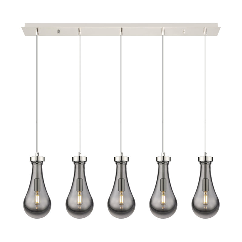 Luminaire suspendu pour îlot de cuisine à 5 lumières Resch, Gris fumée clair, Nickel poli