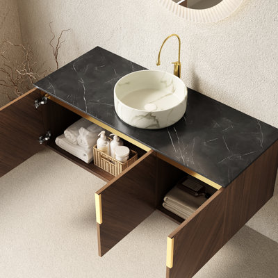 Meuble-lavabo 48 po avec comptoir en pierre, lavabo rond blanc, finition grain de chêne brun, conception en diagonale, fermeture silencieuse, grande armoire de rangement en céramique, 3 portes, contreplaqué de haute qualité, facile