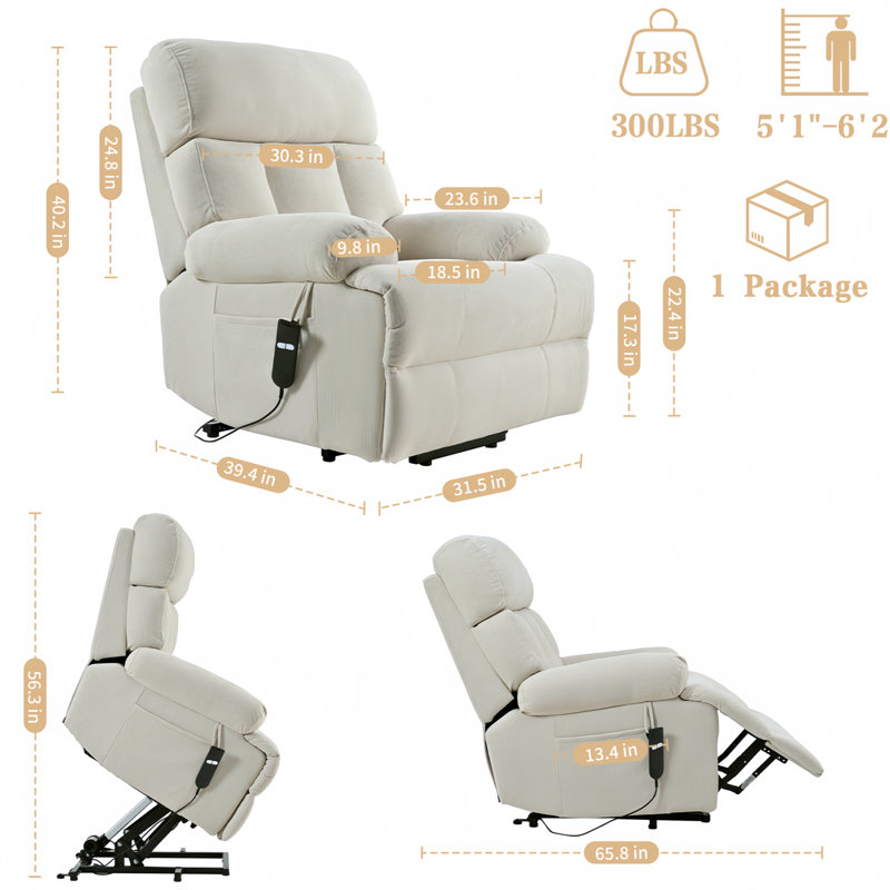 Larson Oversized Ultra-soft Velvet Power Lift Recliner Chair With Remote Control, Adjustable Backrest & Side Pocket