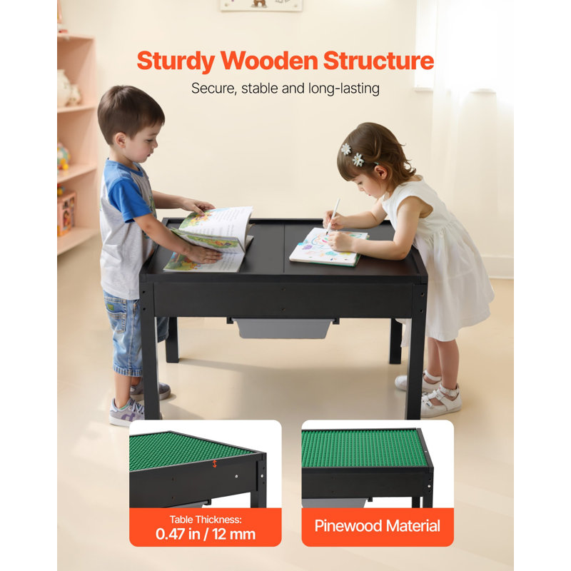 Table d'activités en bois pour enfants, plateau de table double face blocs de construction, table de jeu polyvalente avec 2 bacs de rangement pour enfants de 3 ans et plus, grand espace de rangement, cadeau pour garçons et filles, noir