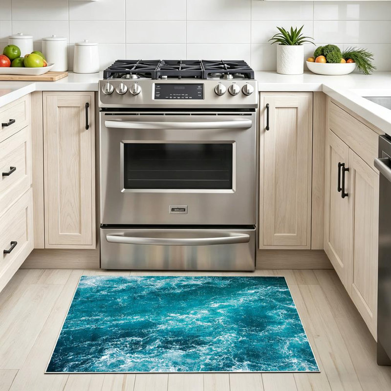 Tapis bleu abstrait lavable à la machine, vagues de la mer Méditerranée, Rectangle 32 po x 47 po