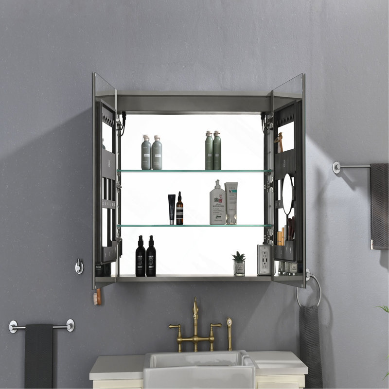 Armoire à pharmacie à DEL avec miroir, douilles, à intensité variable et antibuée pour salle de bain