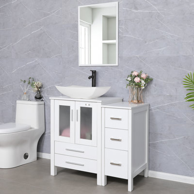 Meuble-lavabo simple 36 po avec plateau en bois manufacturé, lavabo vasque, robinet et drain Oshell