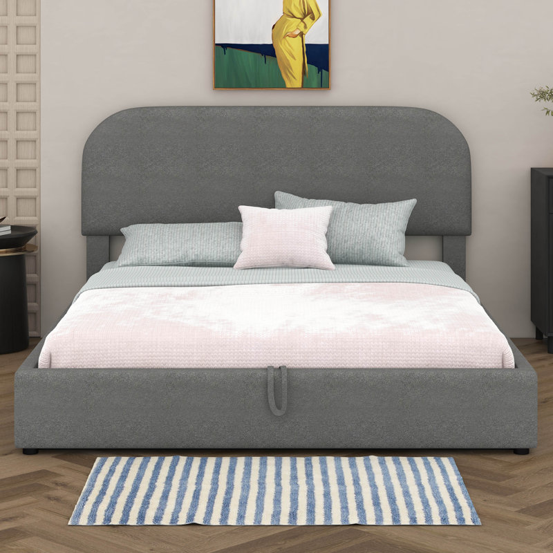 Teddy Fleece Upholstered Platform Bed with Hydraulic Storage System, Gray, Queen