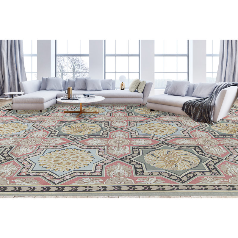 Hand-Knotted High-Quality Green and Rose Area Rug