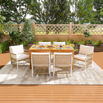 Ensemble de salle à manger d'extérieur 7 pièces en bois d'acacia, meubles de patio résistants aux intempéries avec 6 fauteuils en rotin et 1 table rectangulaire, idéal pour la cour, le jardin, la terrasse et la piscine, naturel
