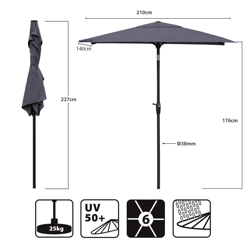 Bohrer 210cm X 140cm Rectangular Traditional Parasol, Grau