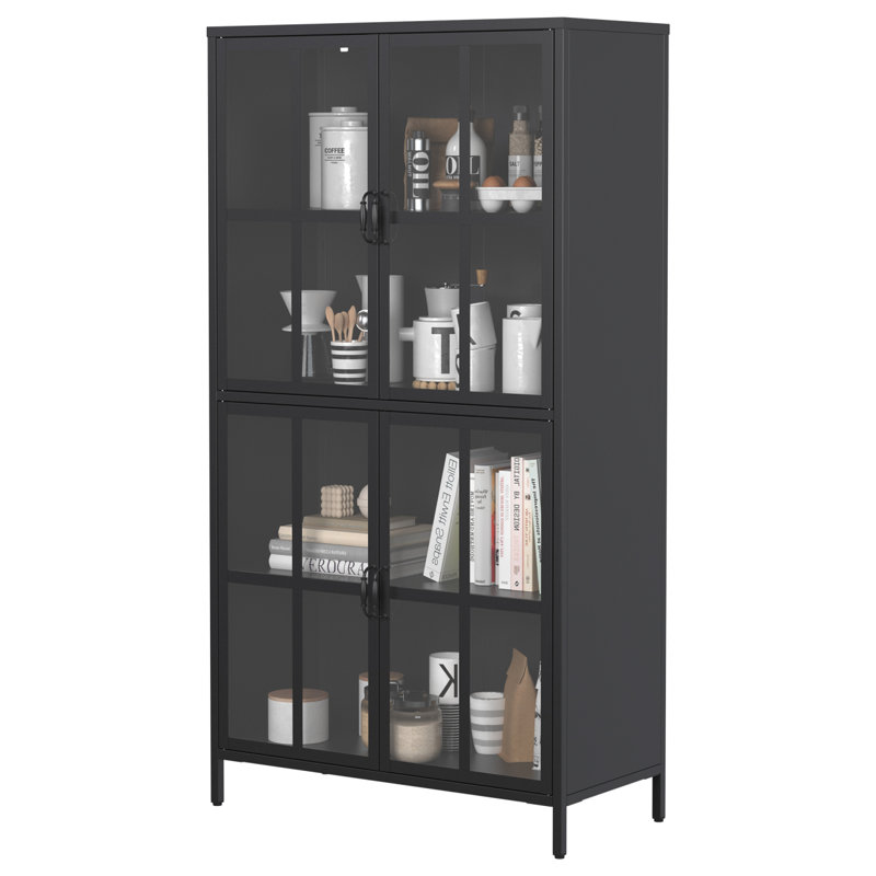Premium Black Metal Storage Cabinet With Tempered Glass Doors, Adjustable Shelves, Anti-Tipping Device, Magnetic Silent Closure, And Adjustable Feet For Home And Office Use