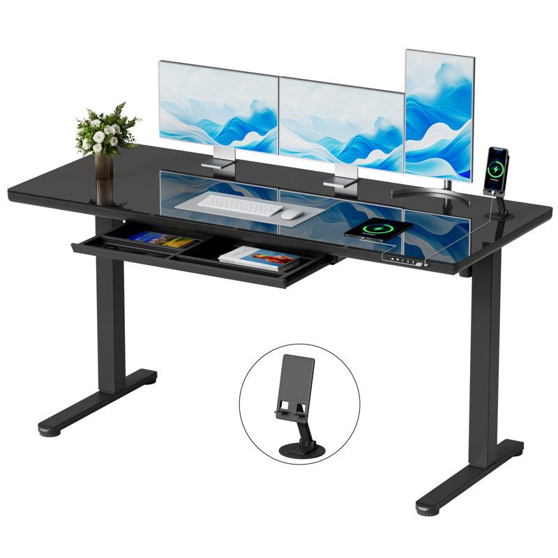 55'' Glass Top Height Adjustable Standing Desk With Drawer And Usb Charge, Computer Desk With Led Display And Mobile Phone Stand, Black