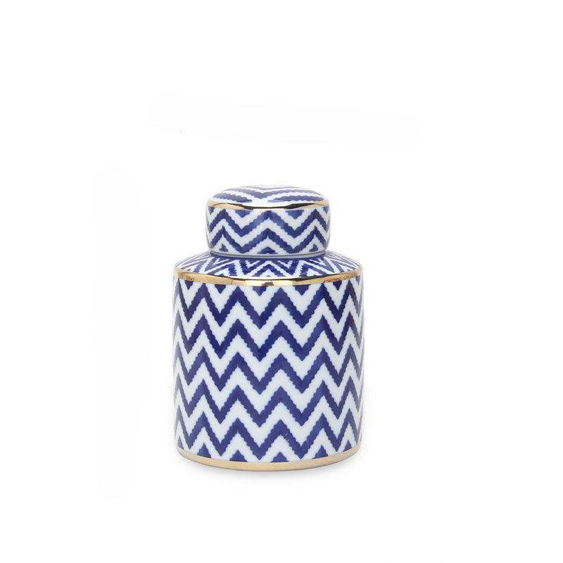 Pot gingembre en céramique avec couvercle à chevron bleu, blanc et or Lumi