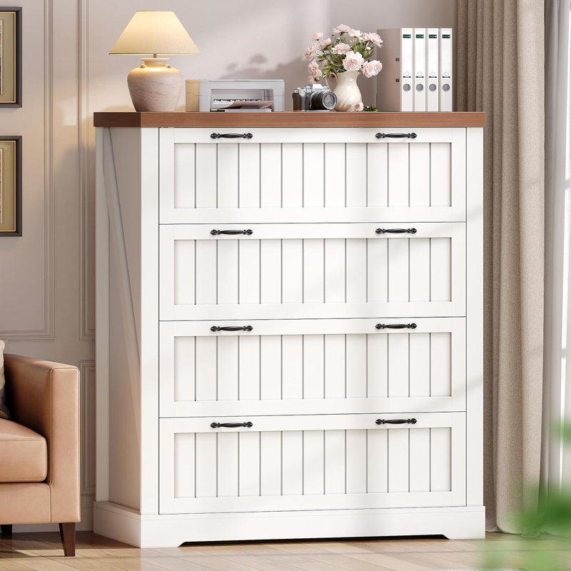Farmhouse 4-Drawer File Cabinet, Wood Filing Cabinet for Home Office, Holds Letter/Legal/A4 Size, White and Brown