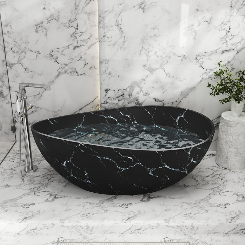 CASAINC 63" Solid Surface Freestanding Soaking Bathtub With Marble Look, Matte Black