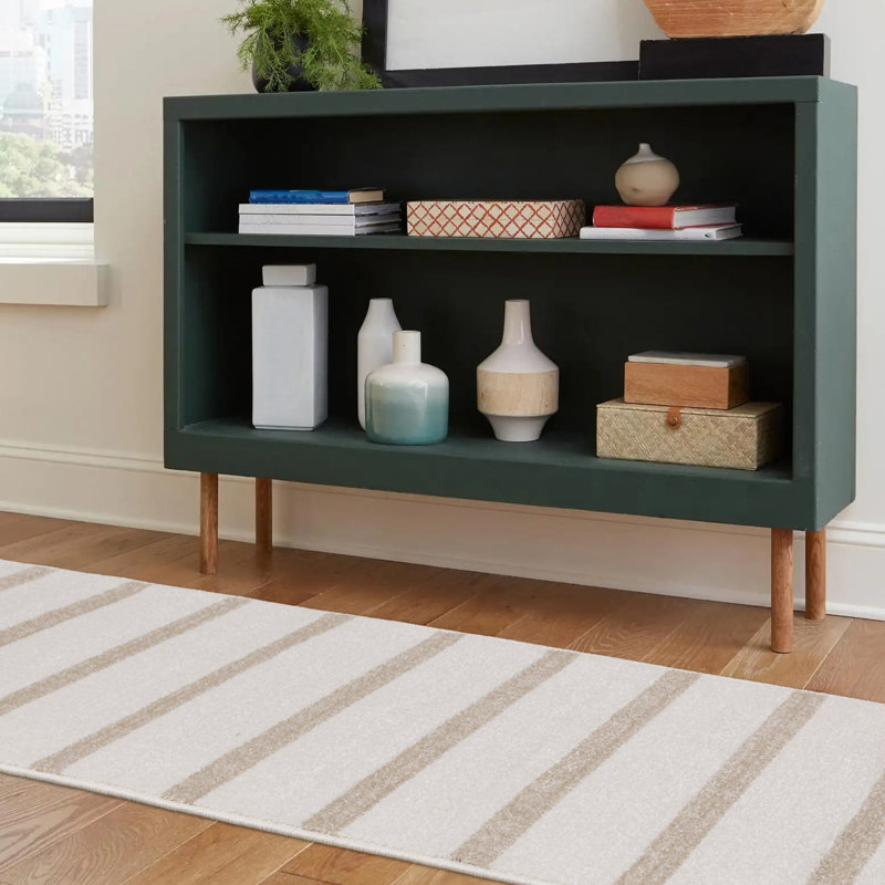 Wum Striped Machine Woven Polypropylene Area Rug in Beige/Cream, Runner 2' x 7'7", Beige/Cream