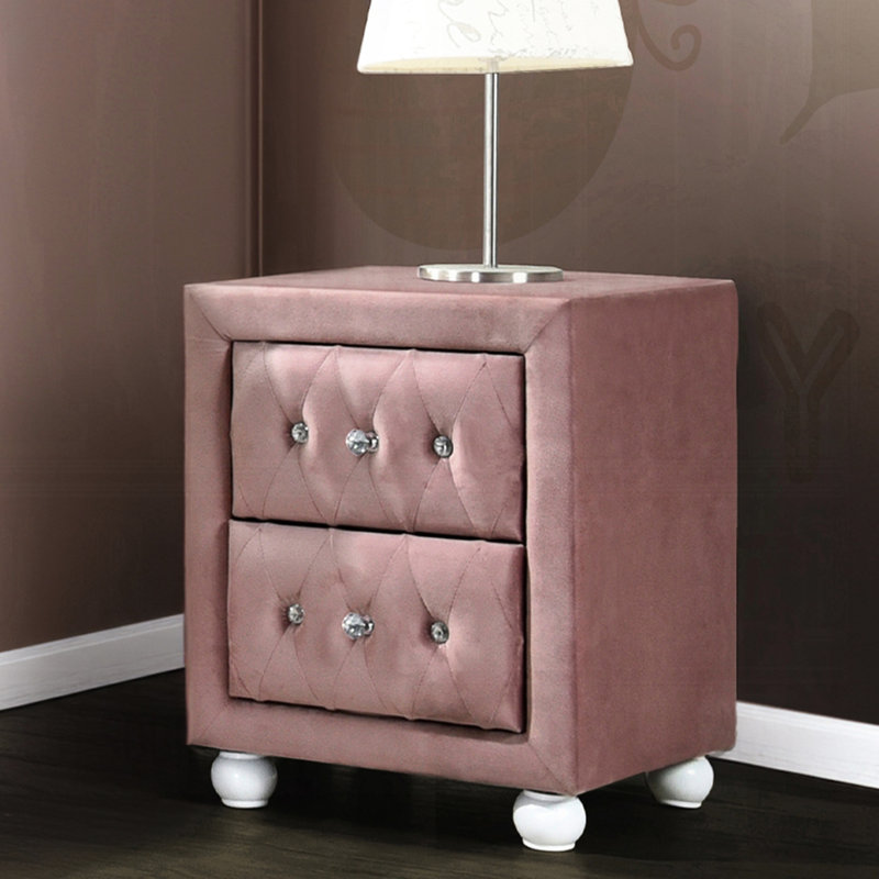 Pink 2 Upholstered Nightstand - Foam & Particle Board + Construction, , Bedroom Essential With 2 Drawers In Upholstery Tropical Wood, Pulls