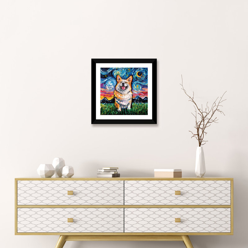 «Sourire Corgi Night» par Aja Trêves - reproduction d'art, H 16 po x l 16 po x p 1 po, Papier encadré noir