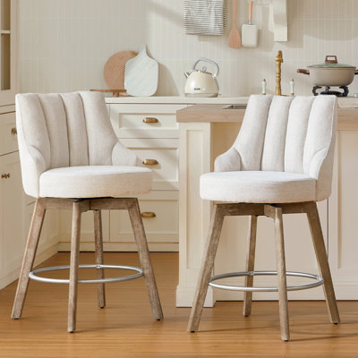 Counter Height Bar Stools,Swivel Bar Stools with Backs,Barstools Set of 2,26'' Solid Wood Legs,Thick Seat Upholstered Linen Fabric Counter Height Stools in Beige
