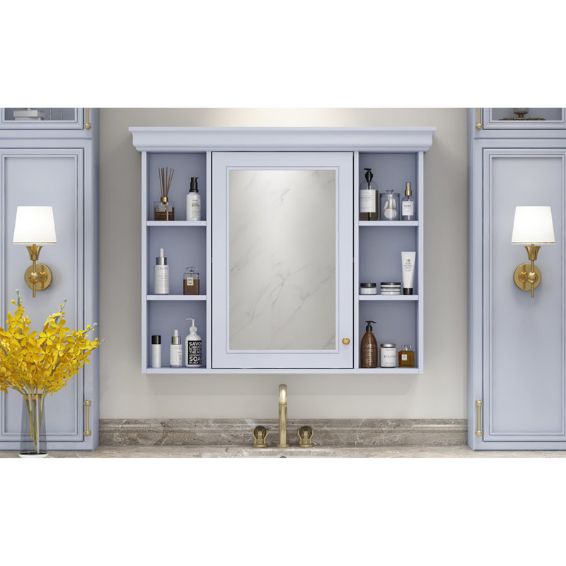 Armoire de rangement murale de salle de bain bleue - Tablette réglable en hauteur, fonctionnelle et élégante pour rangement dissimulé en miroir, charnières à fermeture en douceur, style moderne
