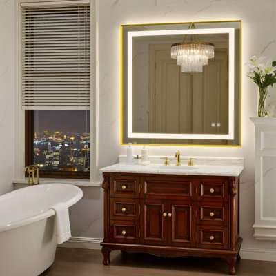 Bathroom LED Mirror Brushed Gold Metal Frame Frontlit & Backlit Vanity Mirror Anti-Fog Stepless Dimmable 3 Colors Wall-Mounted