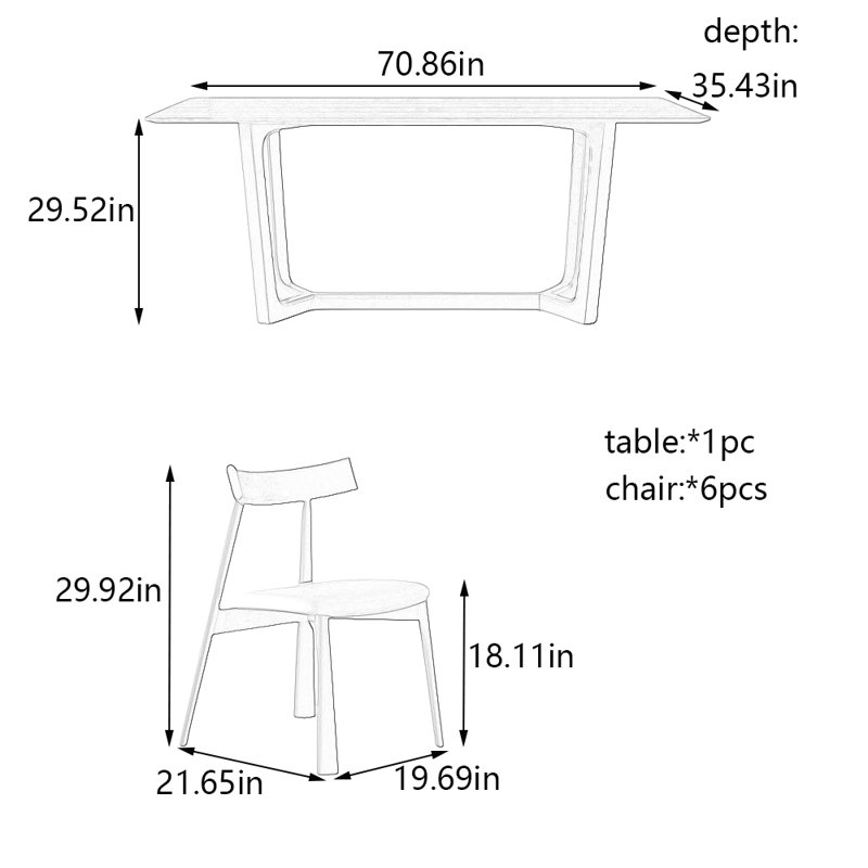 Ensemble de table à manger et de chaises en bois massif Simple Art, H 29,52 po x L 70,86 po x l 35,43 po