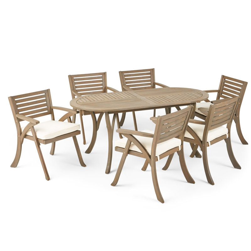 Gray Acacia Wood 6-Person Outdoor Dining Set with Cream Cushions
