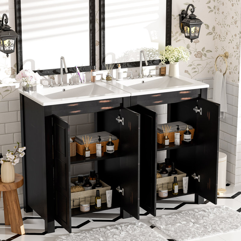 Ensemble de meuble-lavabo de 48 po de style rétro avec deux meubles-lavabos séparés (double), deux lavabos en céramique, une tablette de rangement et des portes à fermeture en douceur