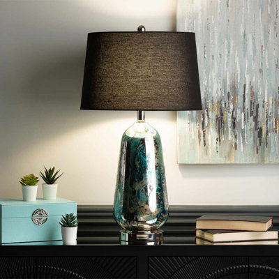 Cyrenna Living Room Table Lamp with Glass Base, Bedside Buffet Lamp with Linen Shade