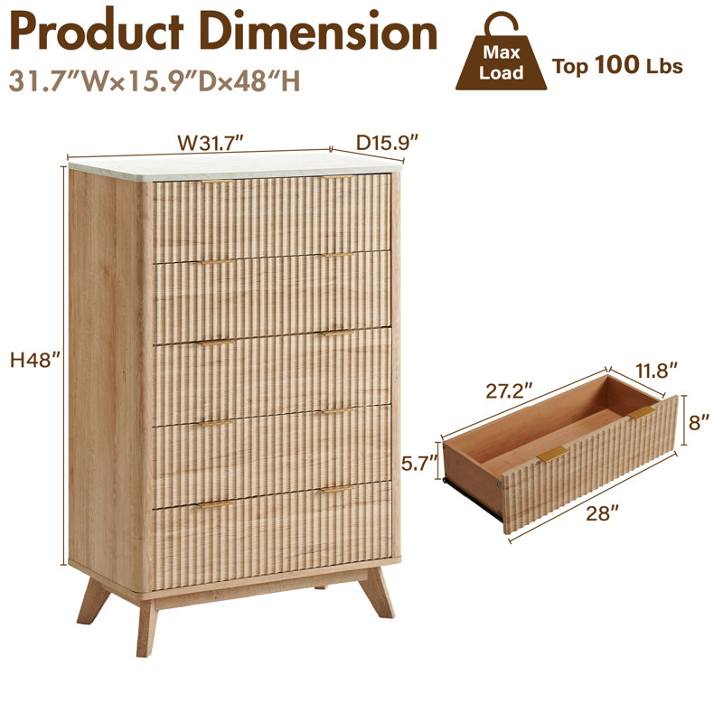 Modern 5 Drawer Dresser - Faux Marble Top & Curved Designsurface, Natural Oak