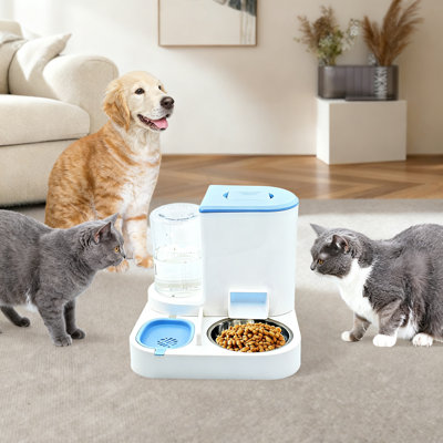 Mangeoire automatique pour chat et chien avec bol en acier inoxydable, distributeur de nourriture et d'eau par gravité 2-en-1, ensemble tout-en-un (bleu)