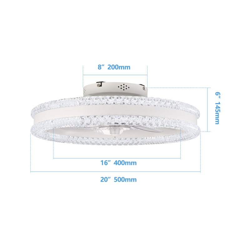 20 Inch Modern Crystal Ceiling Fan with Light and Remote, Recessed Design, White