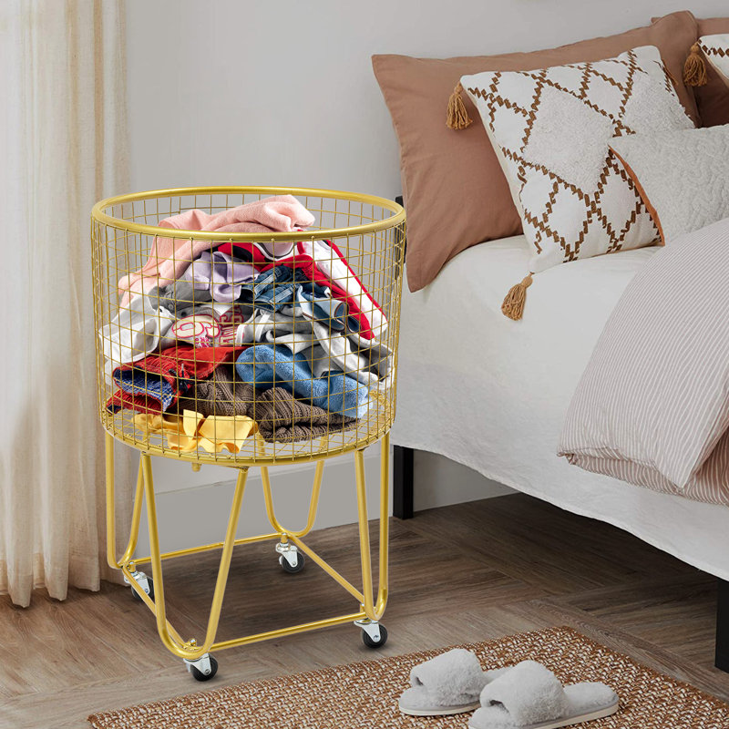 Metal Mesh Laundry Storage Cart, Laundry Basket With Wheels, Gold