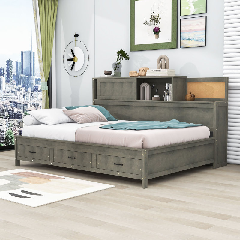 Lit de jour en bois avec 3 tiroirs de rangement et tablettes Auddis, Gris, Double