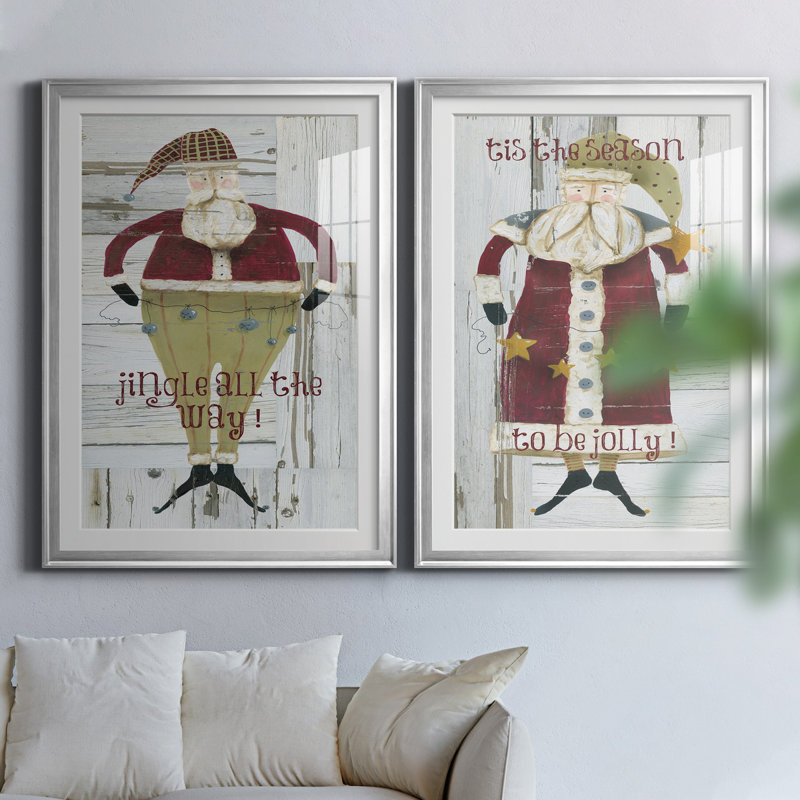 Jingle Santa - ensemble de 2 reproductions, H 26,5 po x l 73 po x P 1,5 po, Papier avec cadre argenté, Blanc