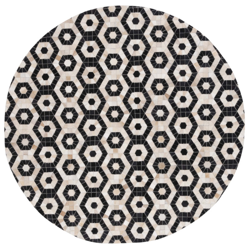 Studio Leather Flat Weave Hair On Leather Geometric Rug, Round 6'