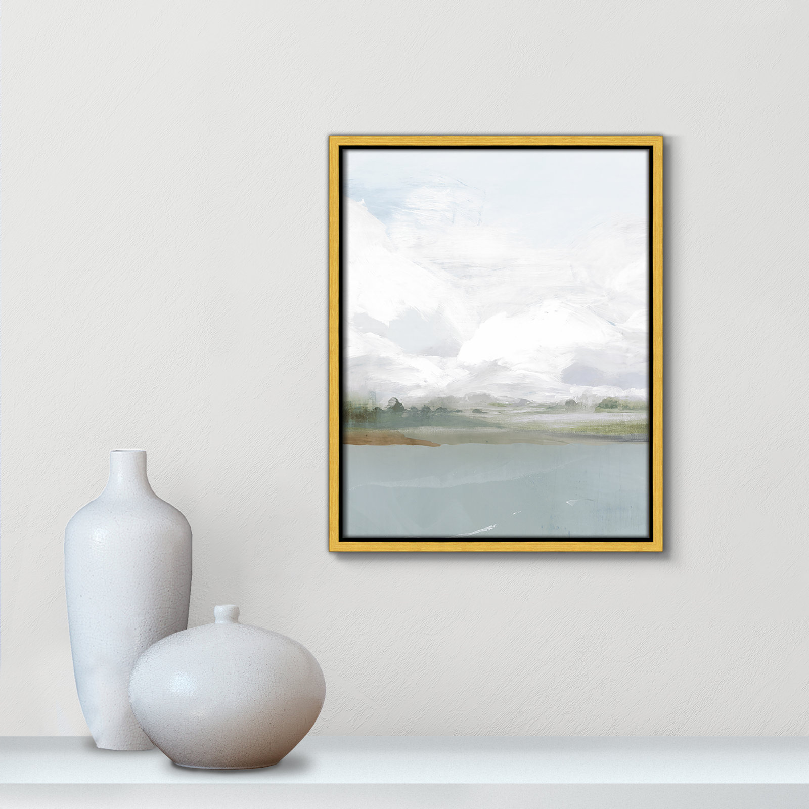 All Shore Watercolor Canvas Painting Print with Wood Floater Frame , 15.5" H x 12.5" W, Gold