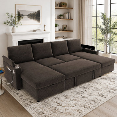 Canapé-lit convertible de style modulaire en U convertible de 109,5 po avec porte-gobelets, ports USB et boîtes et poches de rangement pour le salon