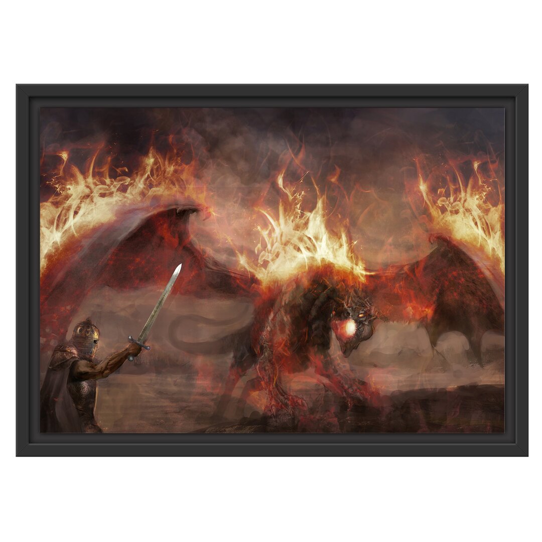 Gerahmtes Wandbild Ritter Drachen Feuer