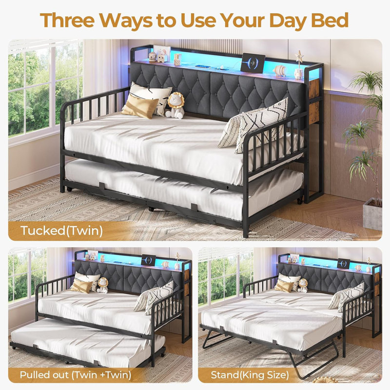 Upholstered Sofa Bed Frame, Twin Day Bed With Charging Station & Led Lights, Metal Trundle Bed Twin With Hidden Storage Headboard