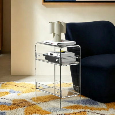 Modern Acrylic Open Storage End Table-Three-Layer Narrow Side Table in Living Room and Bedroom
