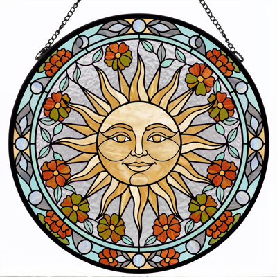 Sun Face Stained Glass Window Panel，7.8H