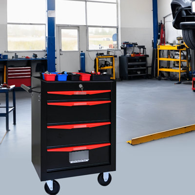 Coffre à outils roulant 20 po avec 4 tiroirs - glissières à roulement, acier noir et rouge, rangement supplémentaire, armoire à roulettes pivotante en métal, noir et rouge, roues universelles, plus de rangement pour outils