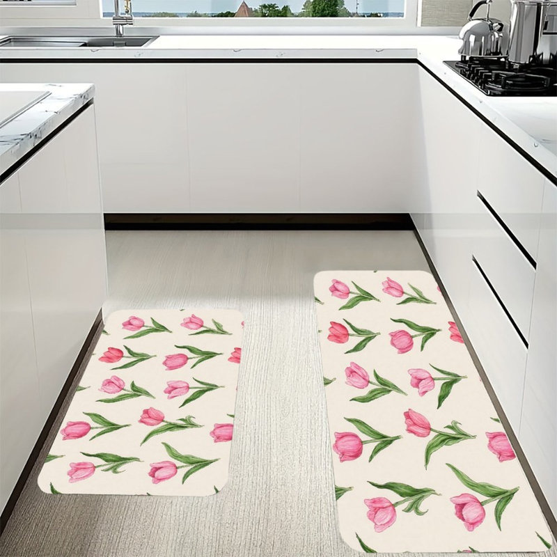 Délicat motif de tulipe rose, 2 tapis de cuisine antidérapants