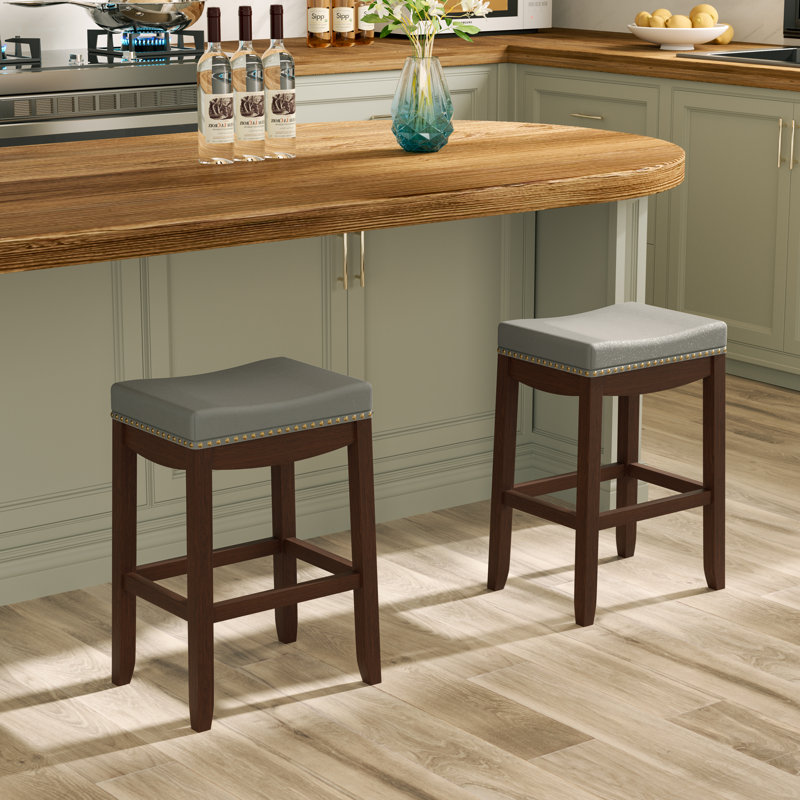 Upholstered Stool With Solid Wood Frame (Set of 2), Brown, Counter Stool (24” Seat Height)