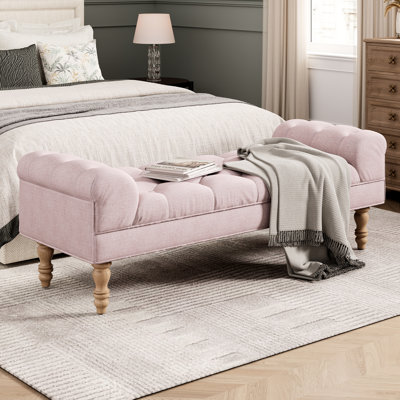 Banc de chambre rose à boutons, repose-pieds rembourré avec accoudoirs roulés et pieds de banc confortables, pour divers espaces intérieurs
