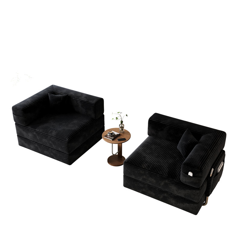 78.7" Convertible Cloud Floor Sofa – 5-in-1 Corduroy Sleeper Bed with Sturdy Steel Frame, Black