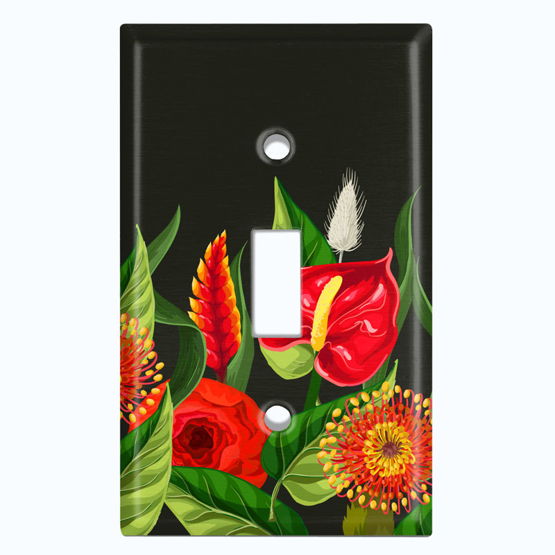 Red Lily Flowers Green Leaves Black Print 1 - Gang Toggle Light Switch Standard Wall Plate