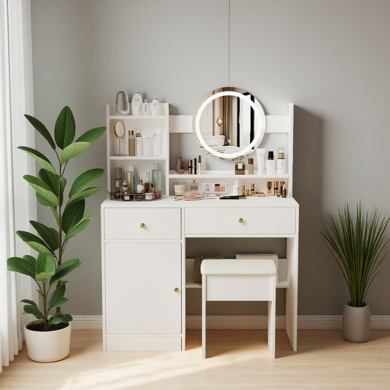 Fashion Vanity Desk With Mirror And Lights For Makeup And Cushioned Chair, Vanity Mirror With Lights And Table Set With 3 Color Lighting Brightness Adjustable