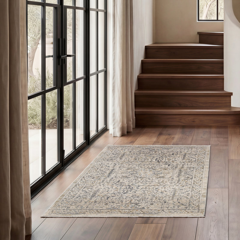 Tapis tissé à la machine rectangulaire de style oriental gris et brun clair, Rectangle 2 pi 6 po x 4 pi 6 po