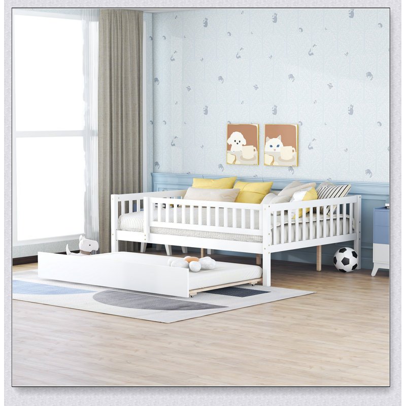 Lit de jour en bois avec couchette et barrière de sécurité, Complet/Double, Blanc
