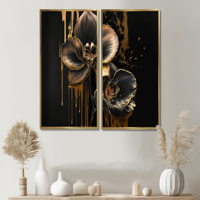 Orchidée noire et or I - art mural en toile orchidée florale 2 pièces